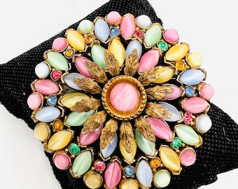 Large CZECH? Pastel Moonstone Glass Brooch Leaf Overlays Vintage Antique Jewelry