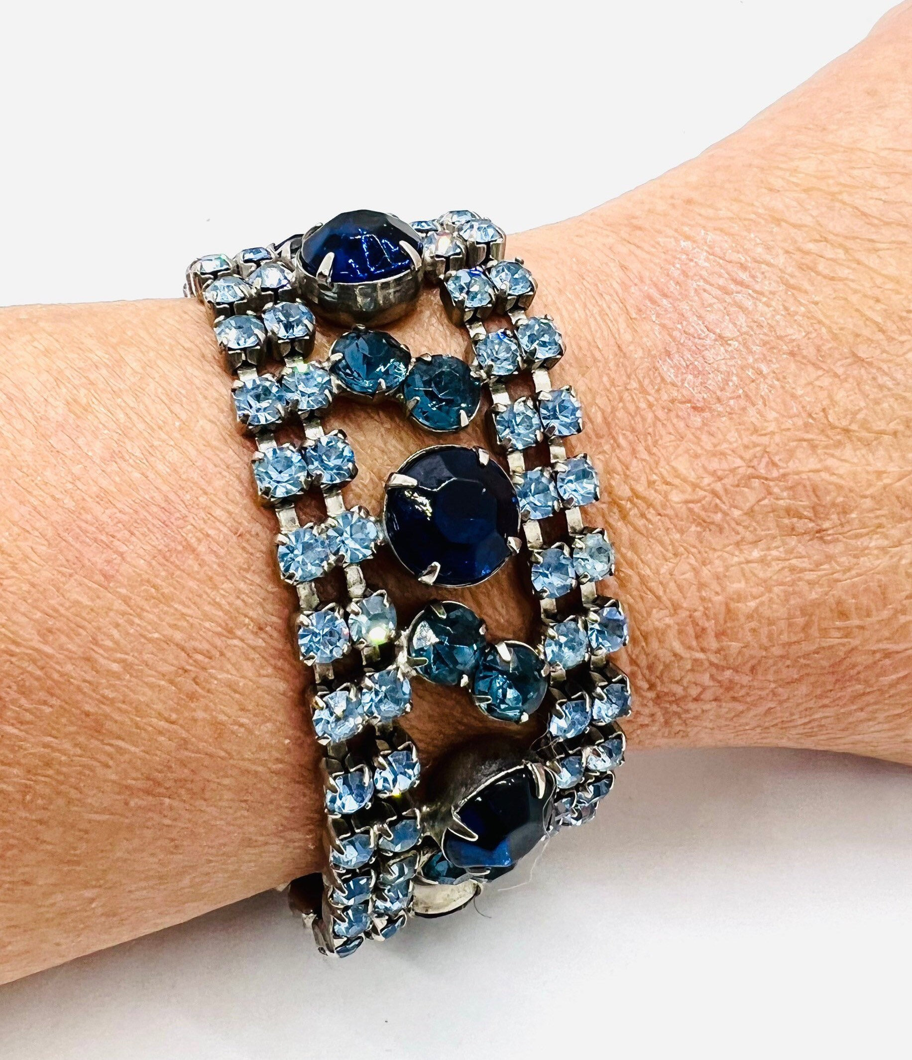 Wide Sapphire & Baby Blue Rhinestone Bracelet 1 1/8 Inch