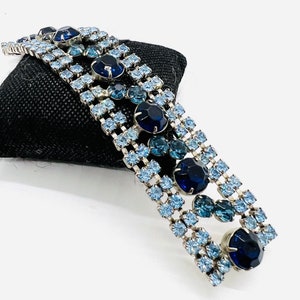 Wide Sapphire & Baby Blue Rhinestone Bracelet 1 1/8 Inch Vintage Designer Jewelry