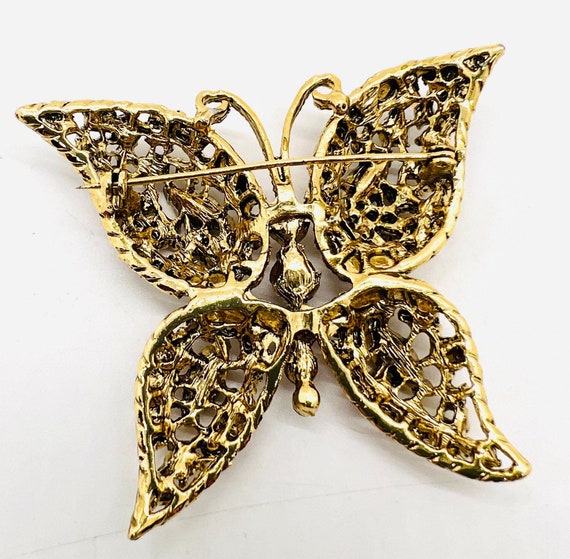 Large Jewel Tone Rhinestone Butterfly Brooch Gold… - image 8