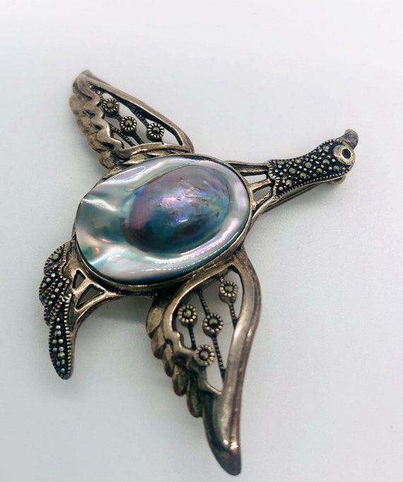 Large Sterling Silver Marcasites & BLISTER PEARL … - image 5