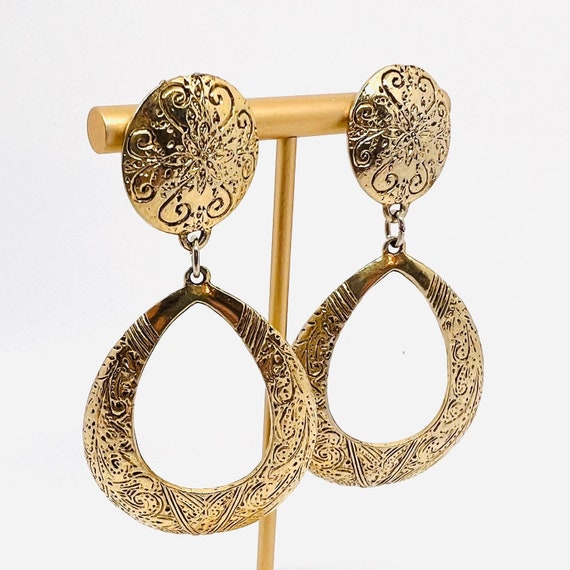 Long Embossed Gold Tone Drop Dangle Earrings 3 In… - image 7