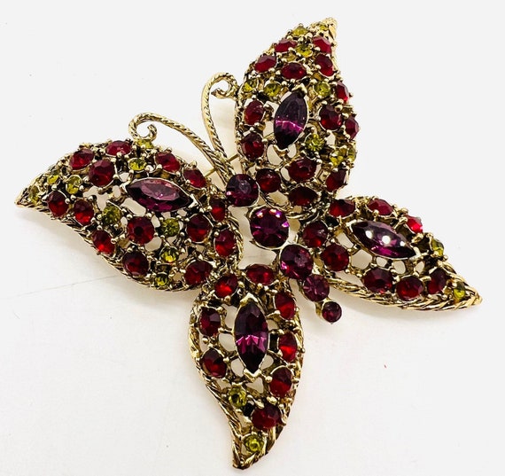 Large Jewel Tone Rhinestone Butterfly Brooch Gold… - image 7