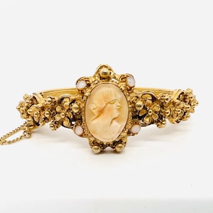 FLORENZA Ornate Floral Carved Cameo Bangle Bracelet Signed Vintage Designer Jewelry
