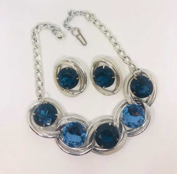 Large Chunky Blue Rhinestone Necklace and Earrings