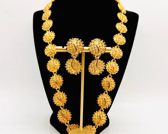 Wide Gold Tone Raised Spikes Necklace & Earrings Demi Statement Vintage Designer Jewelry