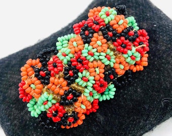 Czechoslovakia Hand Beaded Flower Cluster Brooch Signed Czech Vintage Antique Jewelry