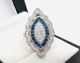 Vintage Art Deco Sapphire Blue CZ Filigree Ring - Size 6.5