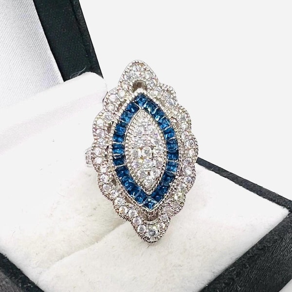 Vintage Art Deco Sapphire Blue CZ Filigree Ring - Size 6.5