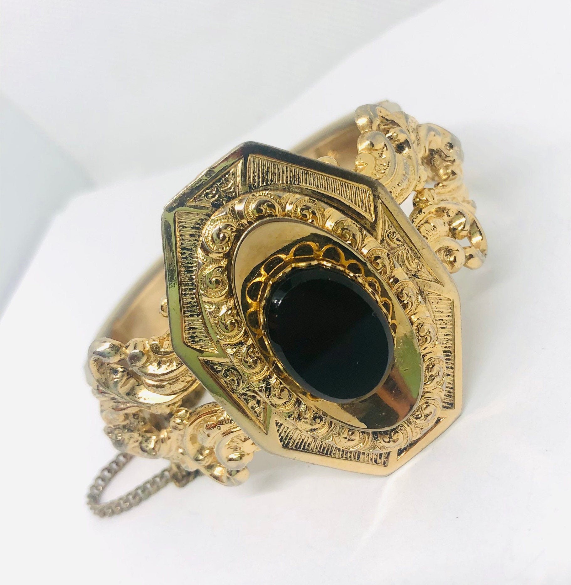 Wide Ornate Onyx Glass Bangle Bracelet Embossed Vintage Wide Ornate Onyx Glass Bangle Bracelet Embossed Vintage