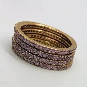 Set 4 Sterling Silver 18k Gold Vermeil Pink Sapphire CZ Stack Rings 6.8gm Sz7 Gemstone Fine Vintage Designer Jewelry #1