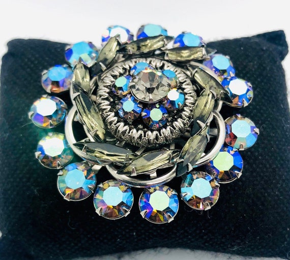 Beautiful Smoky Topaz & Blue AB Rhinestone Brooch… - image 4