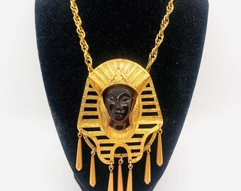 Huge Egyptian Revival Poured Resin Nefertiti Necklace Dangles Runway Statement Vintage Designer Jewelry
