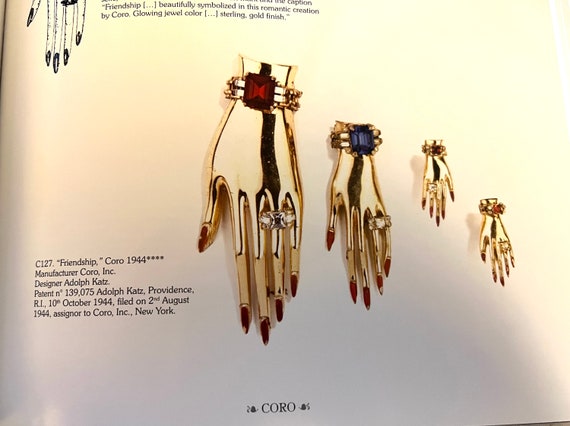 Large 1944 CORO Rhinestone Jeweled Hand Brooch Enamel Signed