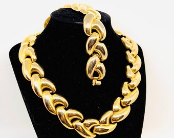 Wide Modernist Gold Tone Link Necklace & Bracelet Demi Vintage Designer Jewelry