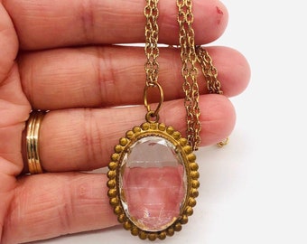 Art Deco Clear Faceted Glass Necklace Beaded Edge Setting Vintage Antique Jewelry