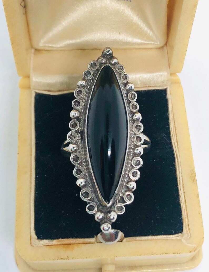 Large Sterling Silver Mexico Onyx Ring Ornate Crown Mark Sz 6.5 Vintage Jewelry