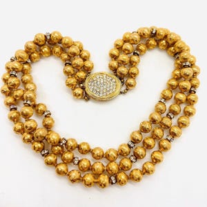 CASTLECLIFF 3 Strand Embossed Gold Tone Beaded Necklace Signed Vintage Designer Jewelry