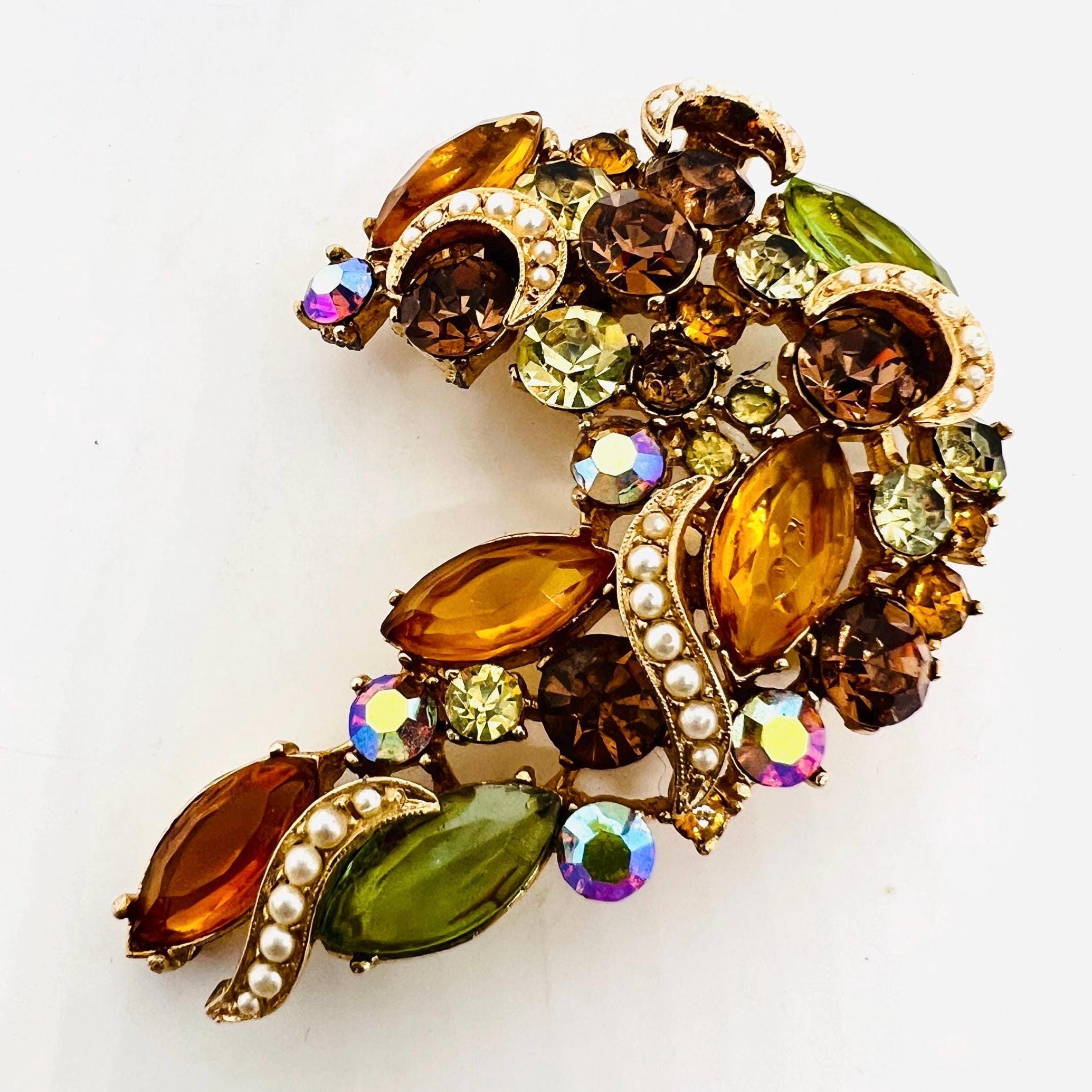 Large WEISS Autumn Colored Rhinestone & Faux Pearl Ribbon Brooch ...