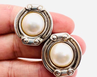 Large Sterling Silver & Gold Vermeil Faux Pearl Earrings 9gm Fine Vintage Designer Jewelry
