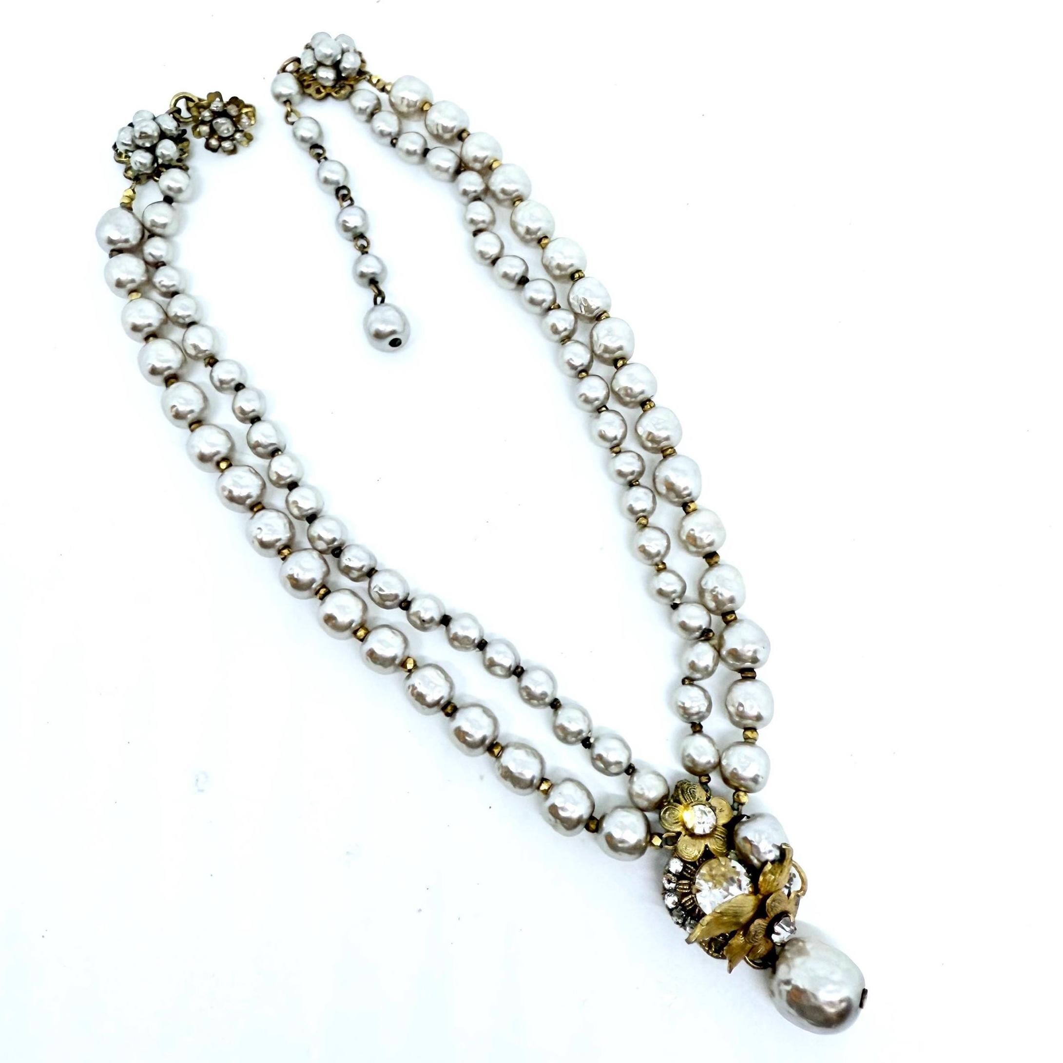 Miriam HASKELL Faux Baroque White Pearl & Rhinestone Necklace