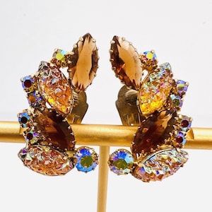 Large Iridescent Lava Rock & Topaz Rhinestone Climbing Earrings Vintage Designer Jewelry
