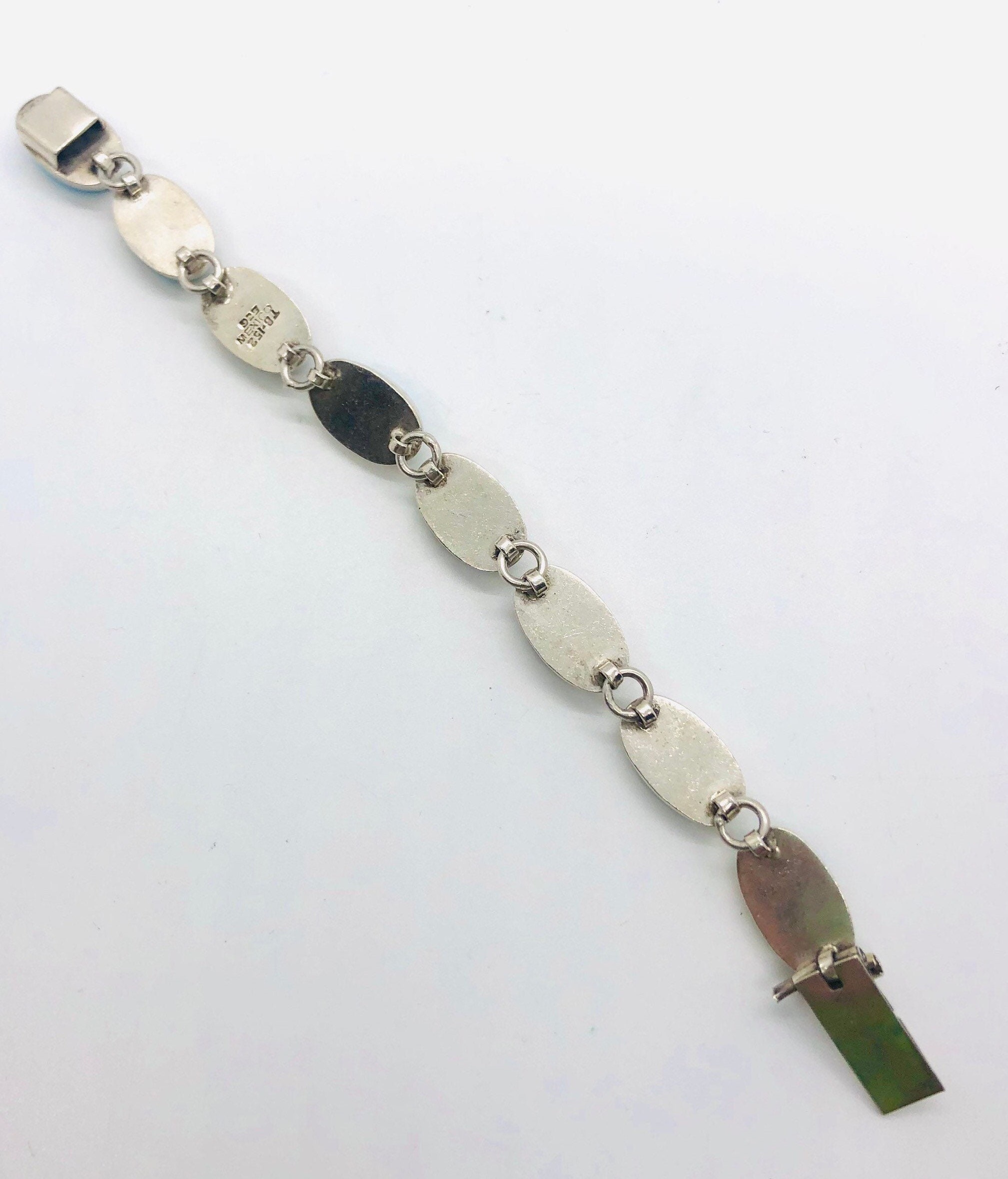 Chunky Sterling Silver Taxco Gemstone Inlay Bracelet Mexico Chunky Sterling Silver Taxco Gemstone Inlay Bracelet Mexico