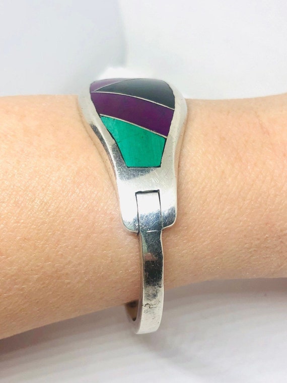 Wide Sterling Silver Taxco Mexico Inlay Bracelet … - image 5
