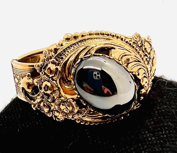 Wide Ornate WHITING & DAVIS Hematite Cabochon Ban… - image 2