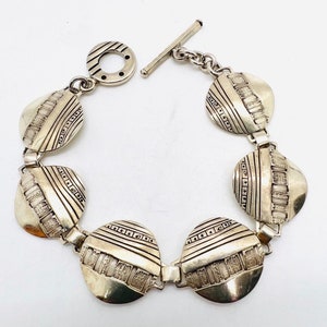 Wide Sterling Silver Modernist Design Disc Link Bracelet 32gm Fine Vintage Designer Jewelry