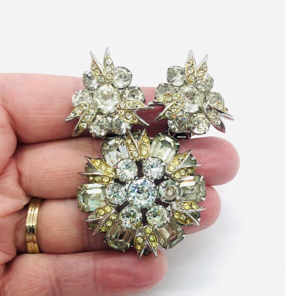 Vintage Emerald & AB Clear Rhinestones Brooch and Earrings Jewelry Set