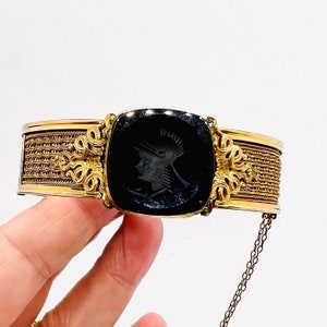Unusual Wide Gold Filled Intaglio Bangle Bracelet Mesh Inlay Fine Antique Jewelry