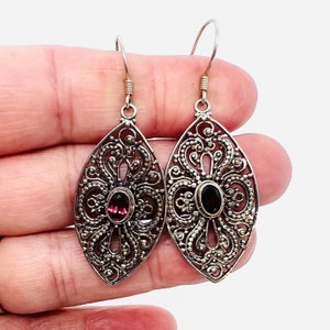 Sterling Silver Filigree Garnet Dangle Earrings: Vintage Fine Jewelry