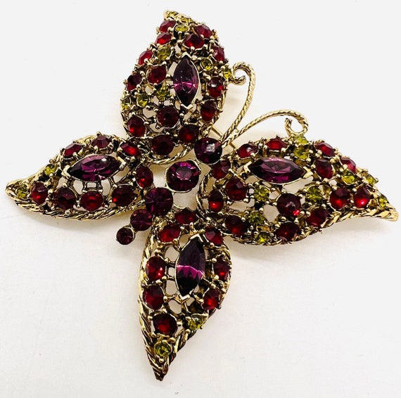 Large Jewel Tone Rhinestone Butterfly Brooch Gold… - image 6