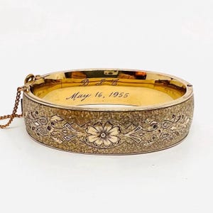 Wide Gold Filled Etched Black Enamel Bangle Bracelet Fine Vintage Antique Jewelry