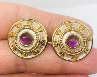 Large Sterling Silver Vermeil Amethyst Earrings Enamel Signed 8.6gms Vintage Designer Jewelry