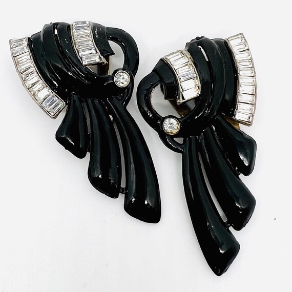 Pair Black Enamel & Clear Baguette Rhinestone Dre… - image 2