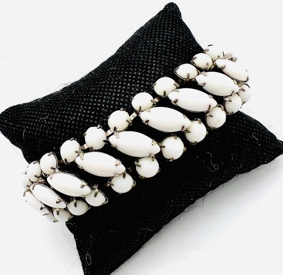 Wide WEISS Milk Glass Rhinestone Bracelet Signed … - image 6