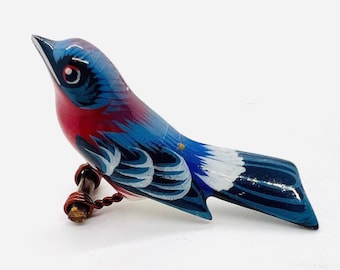 Takahashi Wood Hand Painted Eastern Blue Bird Brooch Pin Vintage Jewelry