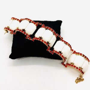 Wide Curved White Milk Chiclet Glass & Orange Rhinstone Bracelet Vintage Designer Jewelry