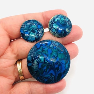 Vintage INGA Copper Enamel Brooch and Earrings: Blue Green Jewelry Set