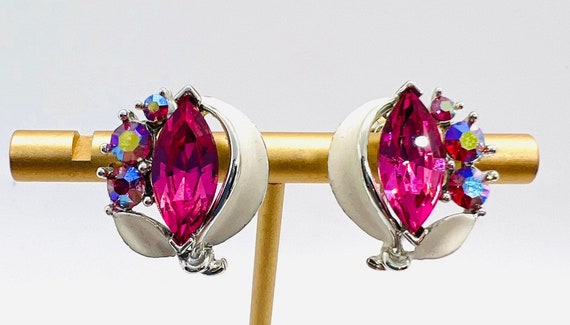 LISNER Pink Rhinestone & White Enameled Earrings … - image 2