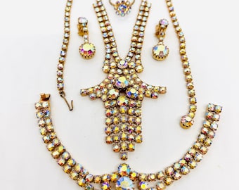 Vintage AB Rhinestone Jewelry Parure: Necklace, Bracelet, Earrings, Ring