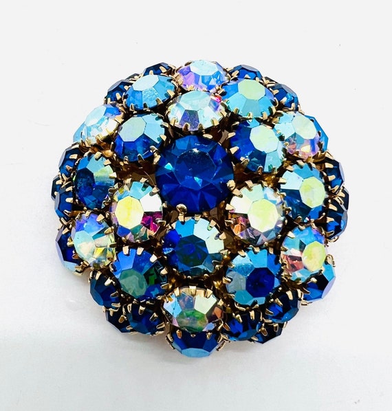 Large WARNER Domed Peacock Blue AB Rhinestone Bro… - image 4