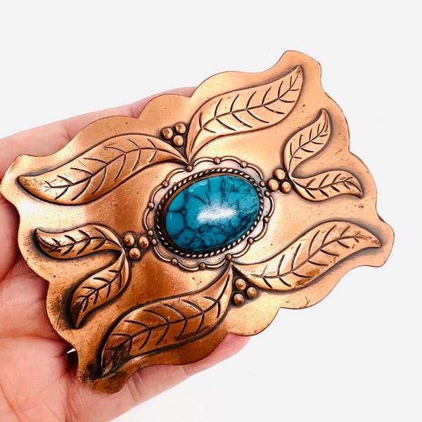 Huge BELL TRADING POST Copper & Turquoise Belt Buckle 3 5/8 Inch Wide Vintage Accessories