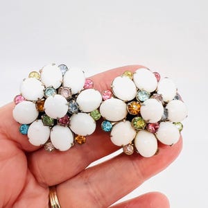Large WEISS Milk Glass & Pastel Rhinestone Earrings Signed Vintage Designer Jewelry
