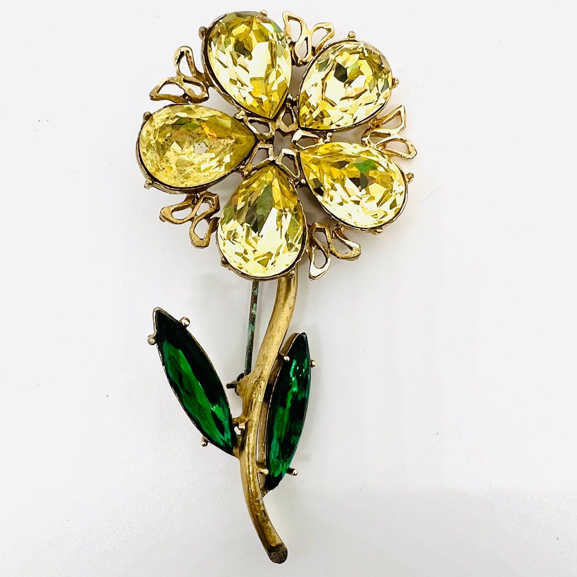 Large DODDS Jonquil & Green Rhinestone Flower Brooch Signed