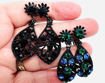 Lot 2 Pair Japanned Black Enamel Rhinestone Drop Dangle Earrings Vintage Designer Jewelry