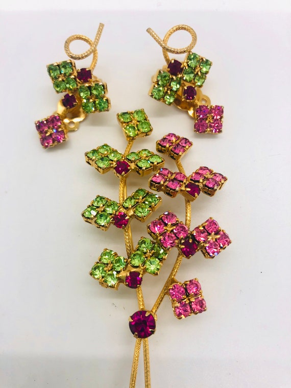 Beautiful Large Pink & Green Rhinestone Brooch an… - image 5