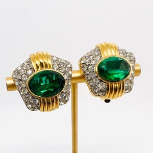 NINA RICCI Emerald Green & Pave Set Rhinestone Earrings Signed Vintage Designer Jewelry